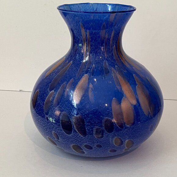 Maestri Vetrai Blown Glass Vase Made In Murano Italy Deep Blue Speckled Copper - Picture 9 of 15